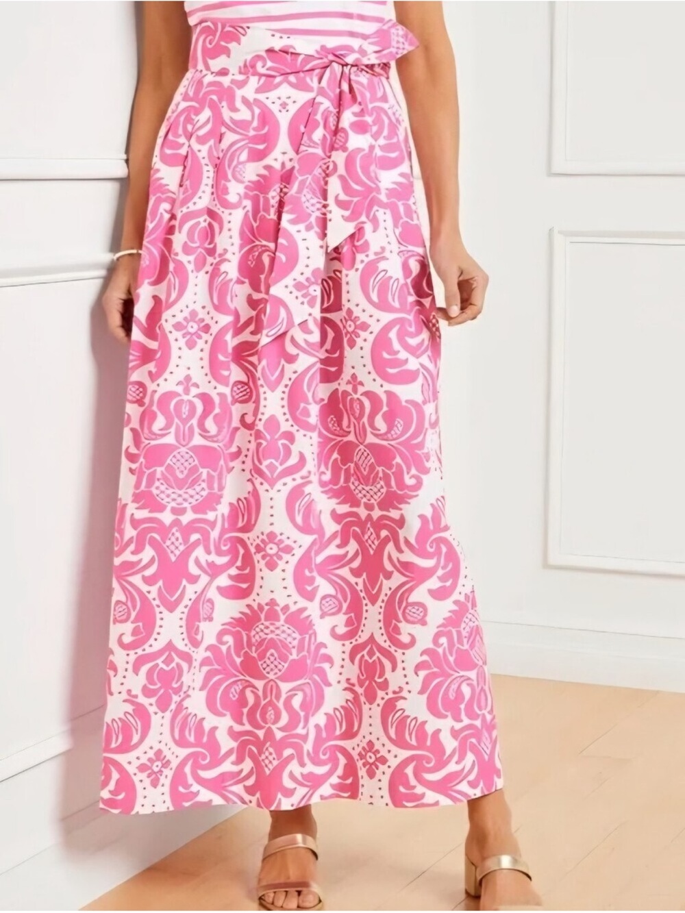 Talbots Women’s Size 8 Piper Pink White Floral Damask Pleated Patio Maxi Skirt